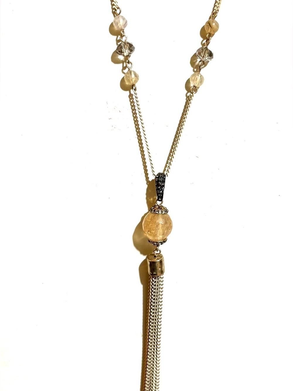 Gold-Tone Tassel Necklace with Champagne Bead Pendant